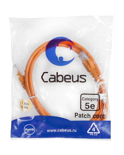 Патч-корд медный U/UTP кат.5е (1,5м) LSZH (оранжевый) Cabeus (PC-UTP-RJ45-Cat.5e-1.5m-OR-LSZH) в Первоуральске Патчкорды (медные) Pintop.ru