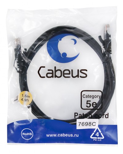 Патч-корд медный U/UTP кат.5е (1,5м) LSZH (черный) Cabeus (PC-UTP-RJ45-Cat.5e-1.5m-BK-LSZH) в Первоуральске Патчкорды (медные) Pintop.ru