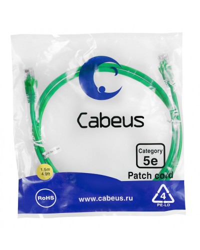 Патч-корд медный U/UTP кат.5е (1,5м) LSZH (зеленый) Cabeus (PC-UTP-RJ45-Cat.5e-1.5m-GN-LSZH) в Первоуральске Патчкорды (медные) Pintop.ru