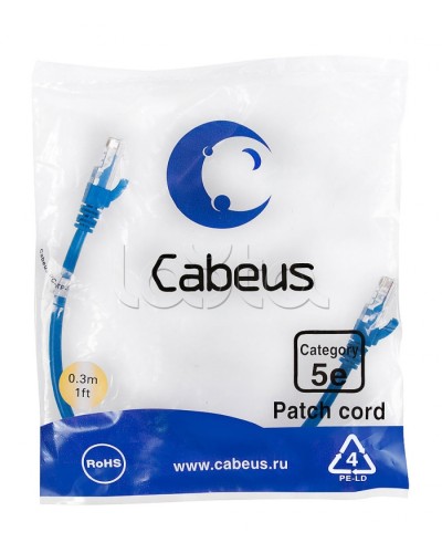 Патч-корд UTP, категория 5e, 0.3 м, неэкранированный, синий Cabeus PC-UTP-RJ45-Cat.5e-0.3m-BL в Первоуральске Патчкорды (медные) Pintop.ru