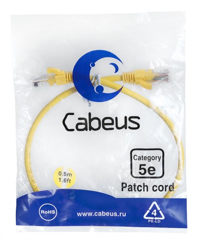 Патч-корд UTP, категория 5e, 0.5 м, неэкранированный, желтый Cabeus PC-UTP-RJ45-Cat.5e-0.5m-YL в Первоуральске Патчкорды (медные) Pintop.ru