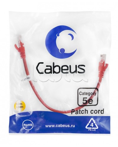 Патч-корд UTP, категория 5e, 0.3 м, неэкранированный, красный Cabeus PC-UTP-RJ45-Cat.5e-0.3m-RD в Первоуральске Патчкорды (медные) Pintop.ru