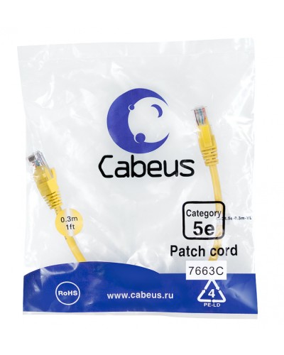 Патч-корд UTP, категория 5e, 0.3 м, неэкранированный, желтый Cabeus PC-UTP-RJ45-Cat.5e-0.3m-YL в Первоуральске Патчкорды (медные) Pintop.ru