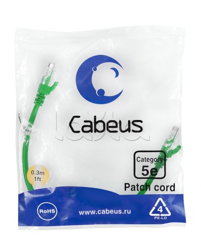 Патч-корд UTP, категория 5e, 0.3 м, неэкранированный, зеленый Cabeus PC-UTP-RJ45-Cat.5e-0.3m-GN в Первоуральске Патчкорды (медные) Pintop.ru