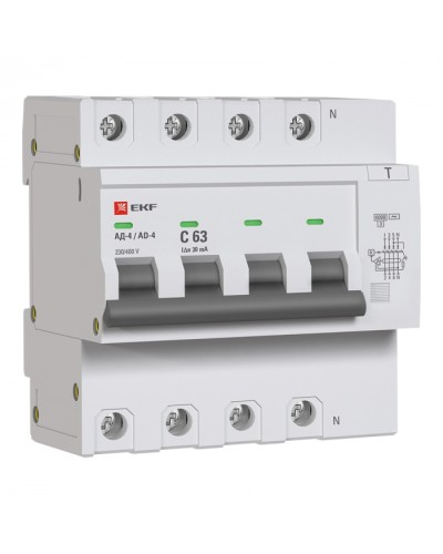 Дифференциальный автомат АД-4 63А/ 30мА (хар. C, AC, электронный) 6кА EKF PROxima (DA4-6-63-30-pro) в Первоуральске Электротехническое оборудование Pintop.ru