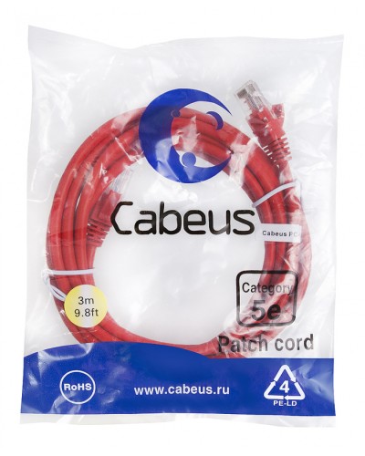 Патч-корд медный U/UTP кат.5е (3м) LSZH (красный) Cabeus (PC-UTP-RJ45-Cat.5e-3m-RD-LSZH) в Первоуральске Патч-корды и пигтейлы Pintop.ru