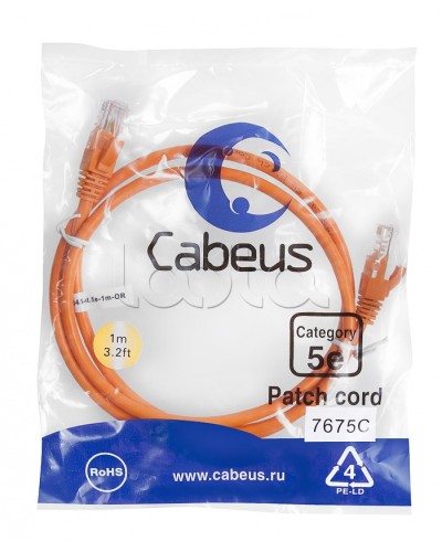 Патч-корд медный U/UTP кат.5е (1м) LSZH (оранжевый) Cabeus (PC-UTP-RJ45-Cat.5e-1m-OR-LSZH) в Первоуральске Патчкорды (медные) Pintop.ru