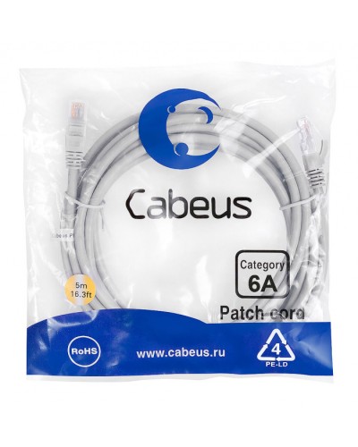 Шнур коммутационный 2xRJ-45/8P8C U/UTP кат.6a (5 м) Cabeus PC-UTP-RJ45-Cat.6a-5m-LSZH в Первоуральске Патчкорды (медные) Pintop.ru