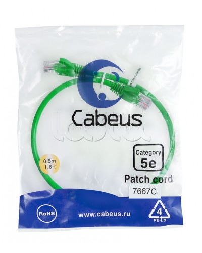 Патч-корд UTP, категория 5e, 0.5 м, неэкранированный, зеленый Cabeus PC-UTP-RJ45-Cat.5e-0.5m-GN в Первоуральске Патчкорды (медные) Pintop.ru