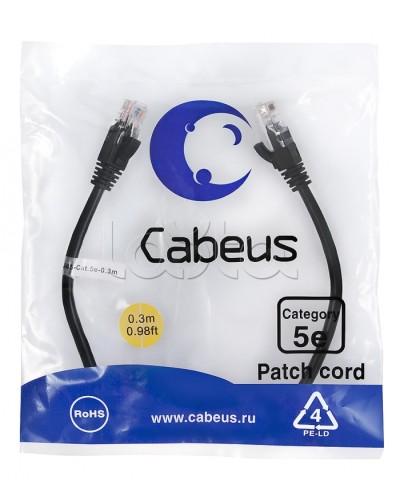 Патч-корд UTP, категория 5e, 0.3 м, неэкранированный, черный Cabeus PC-UTP-RJ45-Cat.5e-0.3m-BK в Первоуральске Патчкорды (медные) Pintop.ru