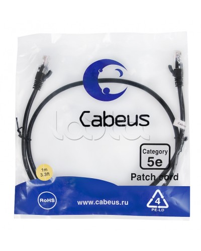 Патч-корд медный U/UTP кат.5е (1м) LSZH (черный) Cabeus (PC-UTP-RJ45-Cat.5e-1m-BK-LSZH) в Первоуральске Патчкорды (медные) Pintop.ru