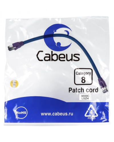 Патч-корд S/FTP Cabeus PC-SSTP-RJ45-Cat.8-0.3m-LSZH в Первоуральске Патчкорды (медные) Pintop.ru