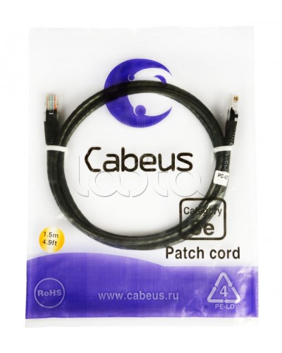 Патч-корд 2xRJ-45/8P8C U/UTP кат.5е (2 м) Cabeus PC-UTP-RJ45-CAT.5E-2M-BK в Первоуральске Патчкорды (медные) Pintop.ru