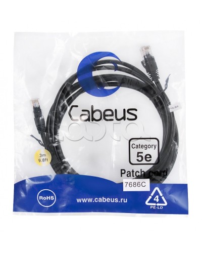 Патч-корд медный U/UTP кат.5е (3м) LSZH (черный) Cabeus (PC-UTP-RJ45-Cat.5e-3m-BK-LSZH) в Первоуральске Патчкорды (медные) Pintop.ru